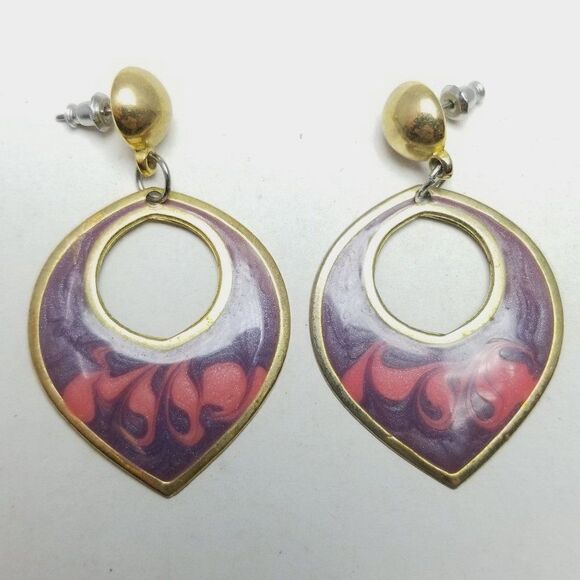Vintage Purple and Pink Enamel Dangle Earrings, Fun 80s 90s Style, Barbie - Picture 2 of 6